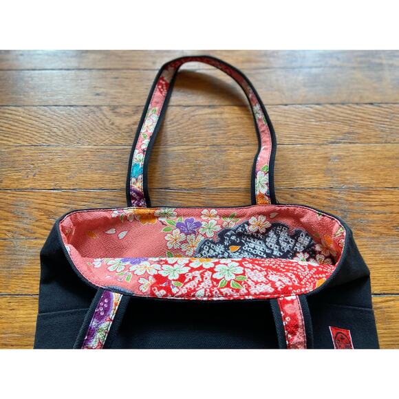 Reversible Black Canvas Tote w/Pink Floral Trim sz OS - Picture 7 of 15